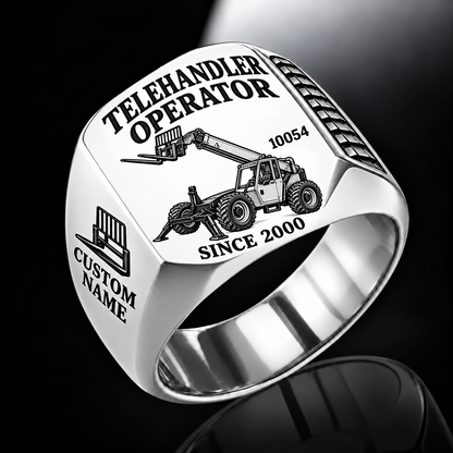 Silver personalized 10054 telehandler operator signet ring with original unbranded machinery, CUSTOM NAME and SINCE 2000.
