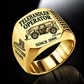 Gold personalized GTH-1056 telehandler operator signet ring with original unbranded machinery, CUSTOM NAME and SINCE 2000.