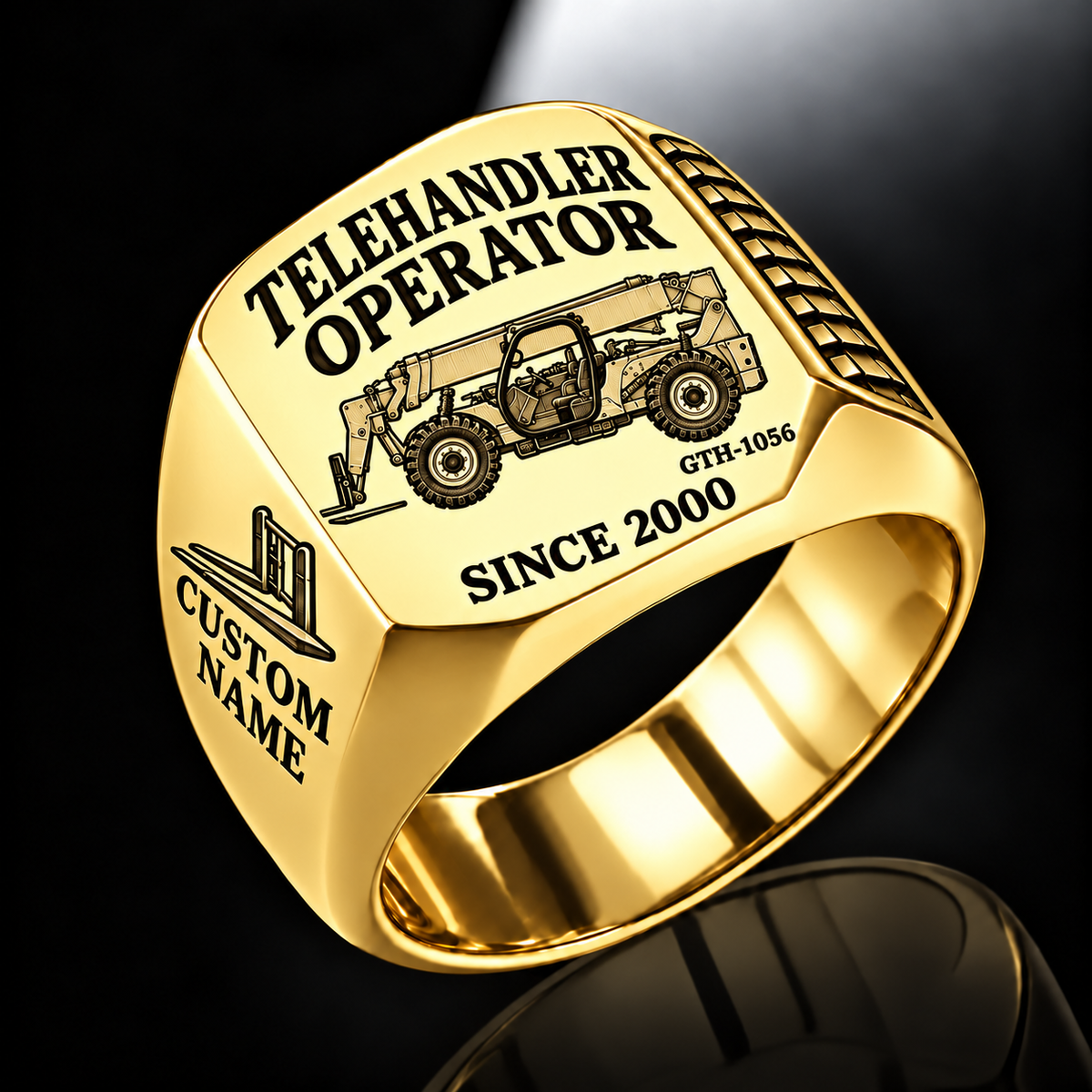 Gold personalized GTH-1056 telehandler operator signet ring with original unbranded machinery, CUSTOM NAME and SINCE 2000.