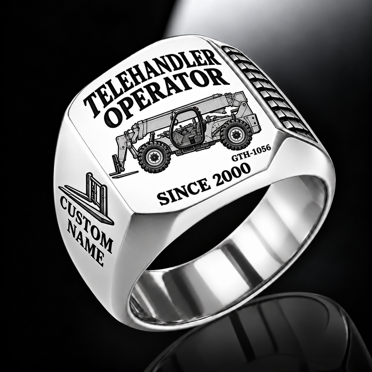 Silver personalized GTH-1056 telehandler operator signet ring with original unbranded machinery, CUSTOM NAME and SINCE 2000.