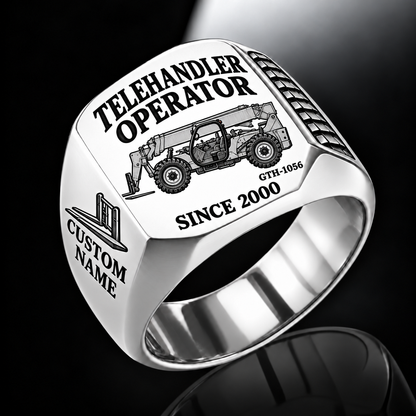 Silver personalized GTH-1056 telehandler operator signet ring with original unbranded machinery, CUSTOM NAME and SINCE 2000.