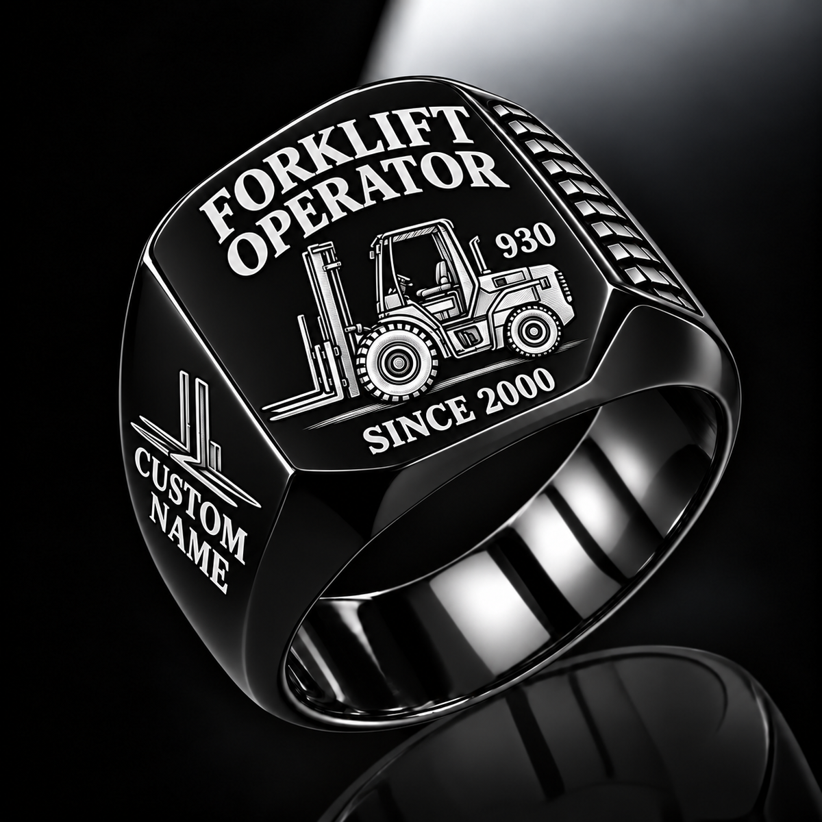 Black personalized 930 rough terrain forklift operator signet ring with original unbranded machinery, CUSTOM NAME and SINCE 2000.