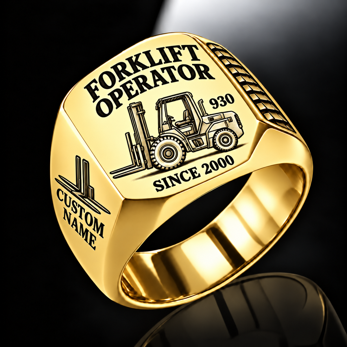 Gold personalized 930 rough terrain forklift operator signet ring with original unbranded machinery, CUSTOM NAME and SINCE 2000.