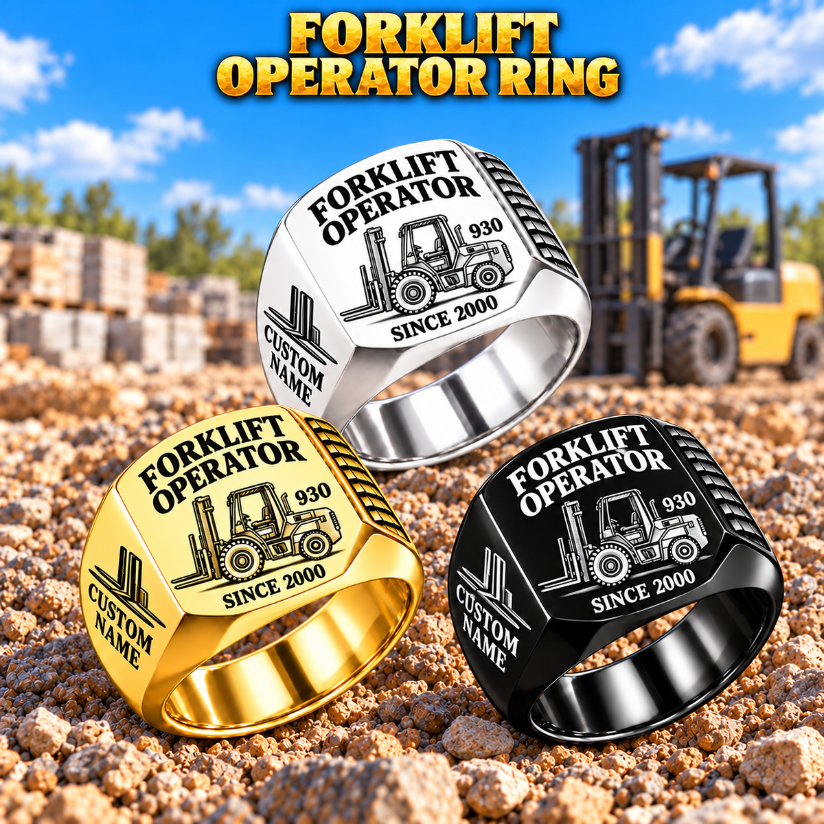 Hero personalized 930 rough terrain forklift operator signet ring with original unbranded machinery, CUSTOM NAME and SINCE 2000.