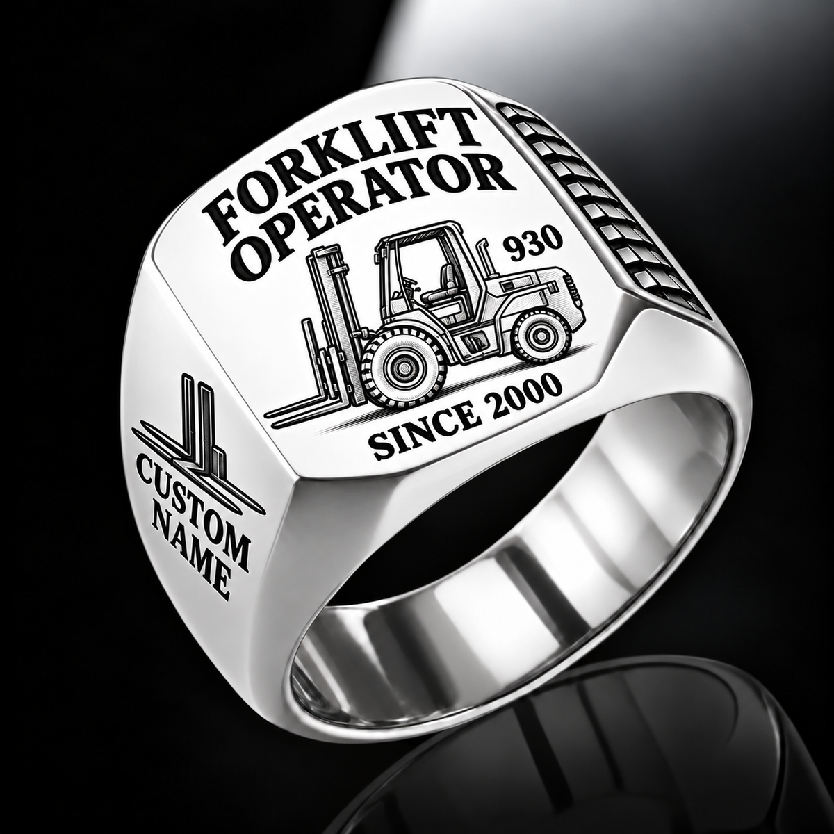 Silver personalized 930 rough terrain forklift operator signet ring with original unbranded machinery, CUSTOM NAME and SINCE 2000.