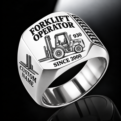 Silver personalized 930 rough terrain forklift operator signet ring with original unbranded machinery, CUSTOM NAME and SINCE 2000.