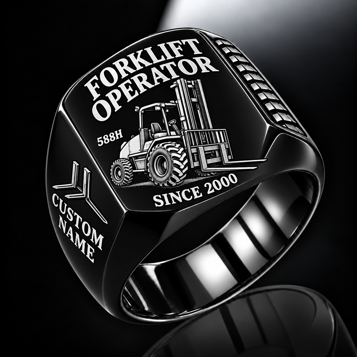 Black personalized 588H rough terrain forklift operator signet ring with original unbranded machinery, CUSTOM NAME and SINCE 2000.