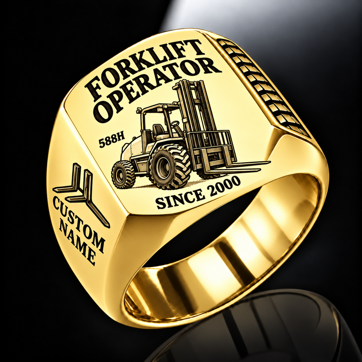Gold personalized 588H rough terrain forklift operator signet ring with original unbranded machinery, CUSTOM NAME and SINCE 2000.