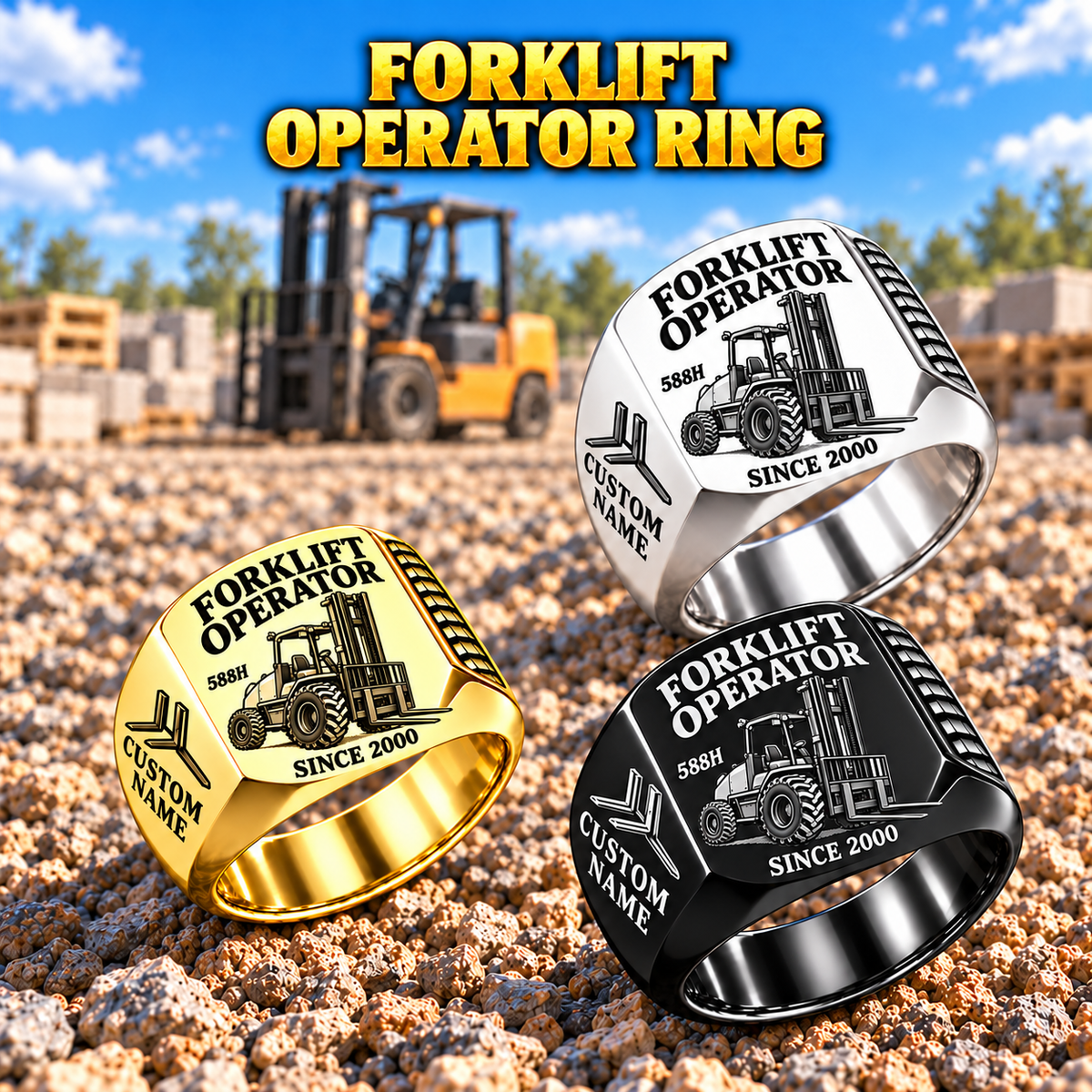 Hero personalized 588H rough terrain forklift operator signet ring with original unbranded machinery, CUSTOM NAME and SINCE 2000.