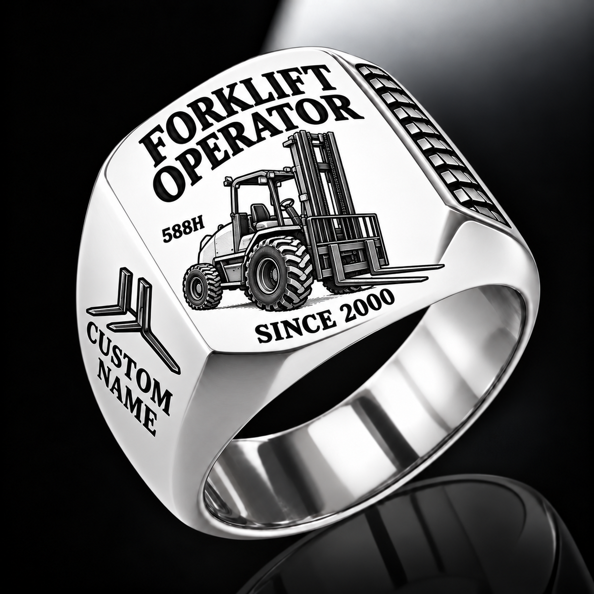 Silver personalized 588H rough terrain forklift operator signet ring with original unbranded machinery, CUSTOM NAME and SINCE 2000.
