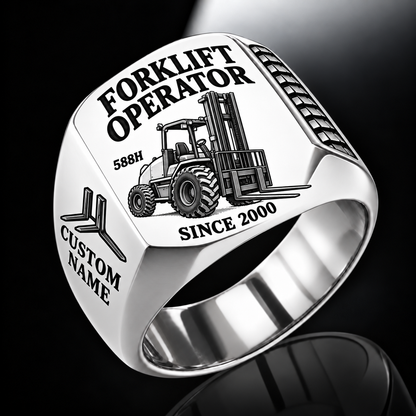 Silver personalized 588H rough terrain forklift operator signet ring with original unbranded machinery, CUSTOM NAME and SINCE 2000.