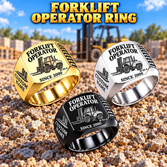 Hero personalized M 50-4 rough terrain forklift operator signet ring with original unbranded machinery, CUSTOM NAME and SINCE 2000.