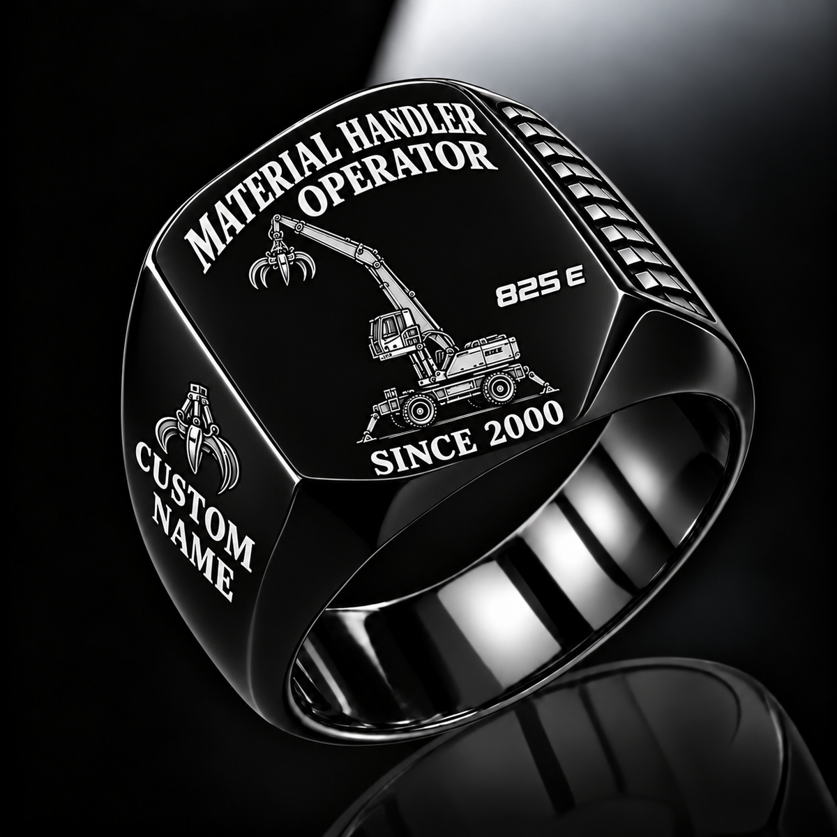 Black personalized 825 E material handler operator signet ring with original unbranded machinery, CUSTOM NAME and SINCE 2000.