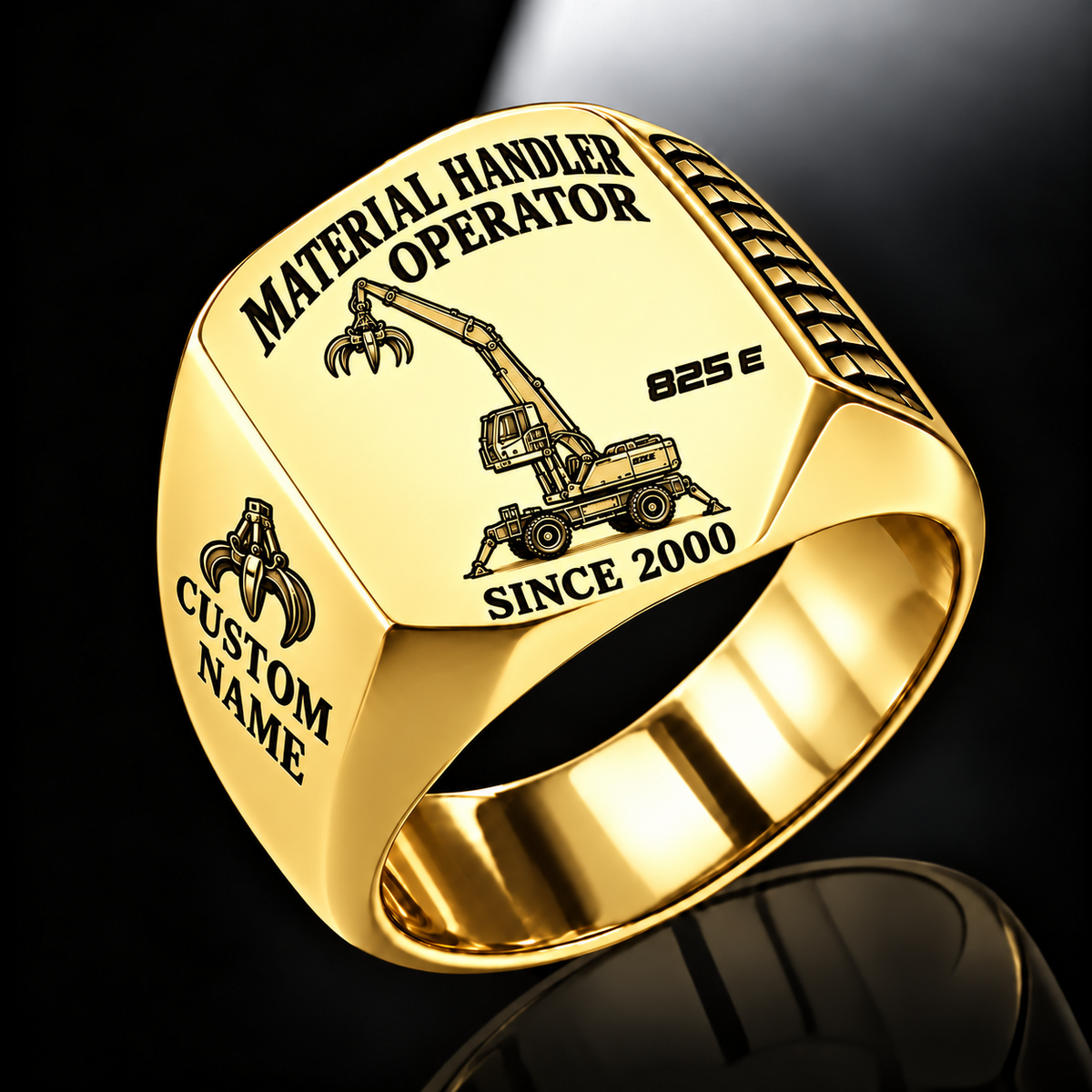 Gold personalized 825 E material handler operator signet ring with original unbranded machinery, CUSTOM NAME and SINCE 2000.