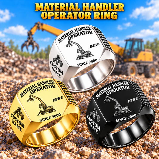 Hero personalized 825 E material handler operator signet ring with original unbranded machinery, CUSTOM NAME and SINCE 2000.