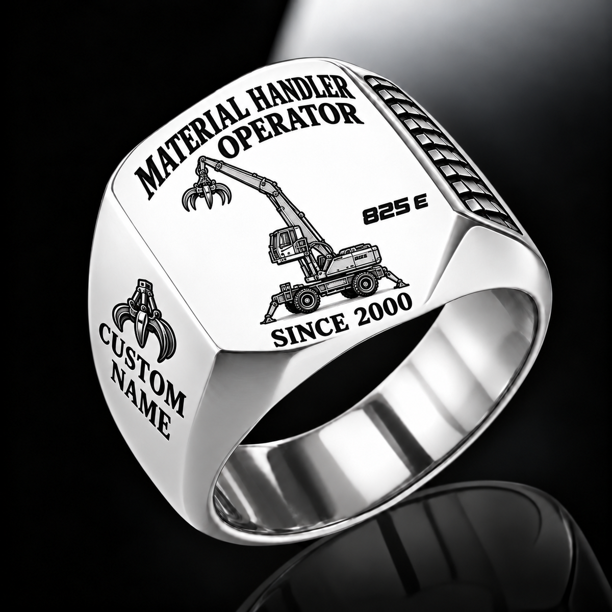 Silver personalized 825 E material handler operator signet ring with original unbranded machinery, CUSTOM NAME and SINCE 2000.