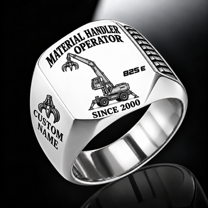 Silver personalized 825 E material handler operator signet ring with original unbranded machinery, CUSTOM NAME and SINCE 2000.