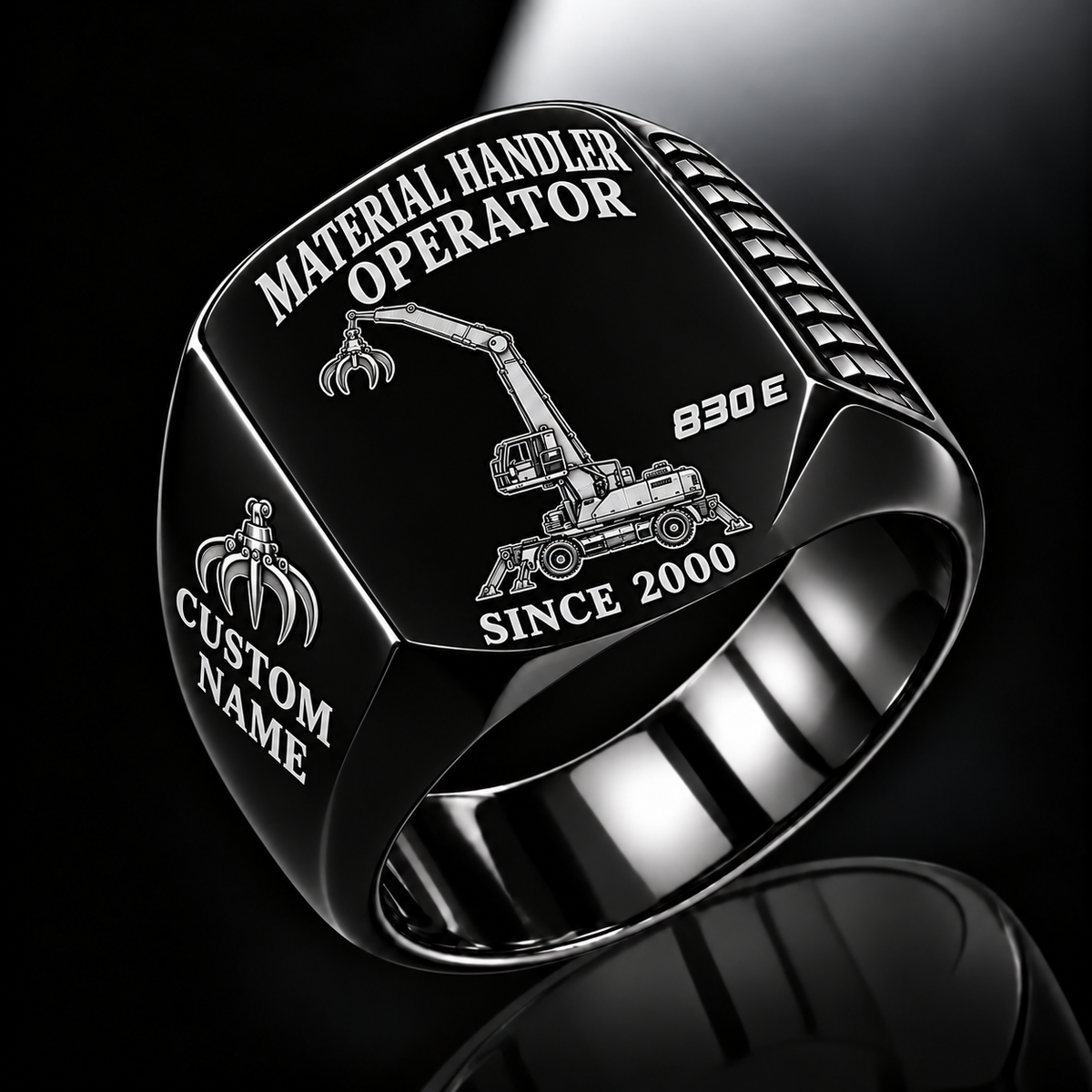 Black personalized 830 E material handler operator signet ring with original unbranded machinery, CUSTOM NAME and SINCE 2000.