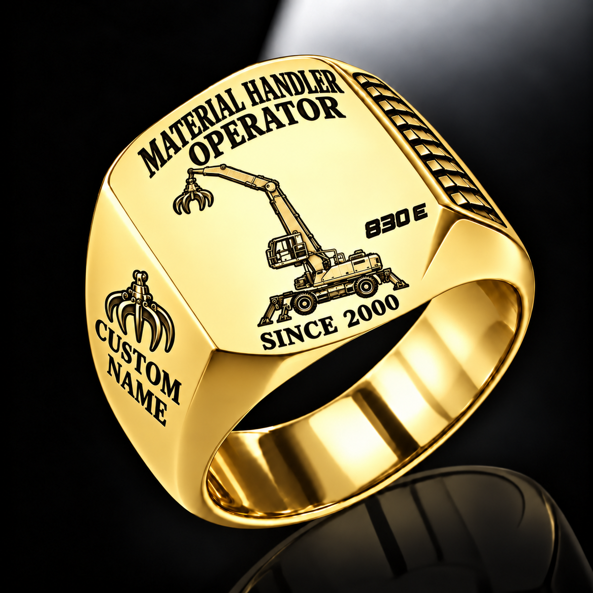 Gold personalized 830 E material handler operator signet ring with original unbranded machinery, CUSTOM NAME and SINCE 2000.