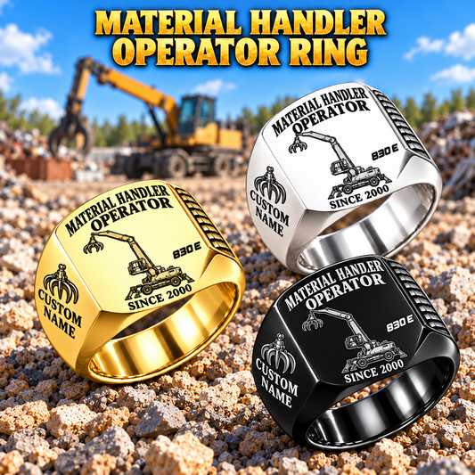 Hero personalized 830 E material handler operator signet ring with original unbranded machinery, CUSTOM NAME and SINCE 2000.