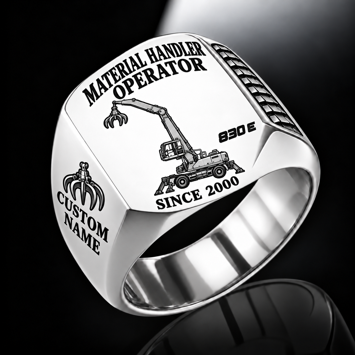 Silver personalized 830 E material handler operator signet ring with original unbranded machinery, CUSTOM NAME and SINCE 2000.