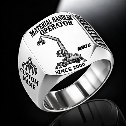 Silver personalized 830 E material handler operator signet ring with original unbranded machinery, CUSTOM NAME and SINCE 2000.