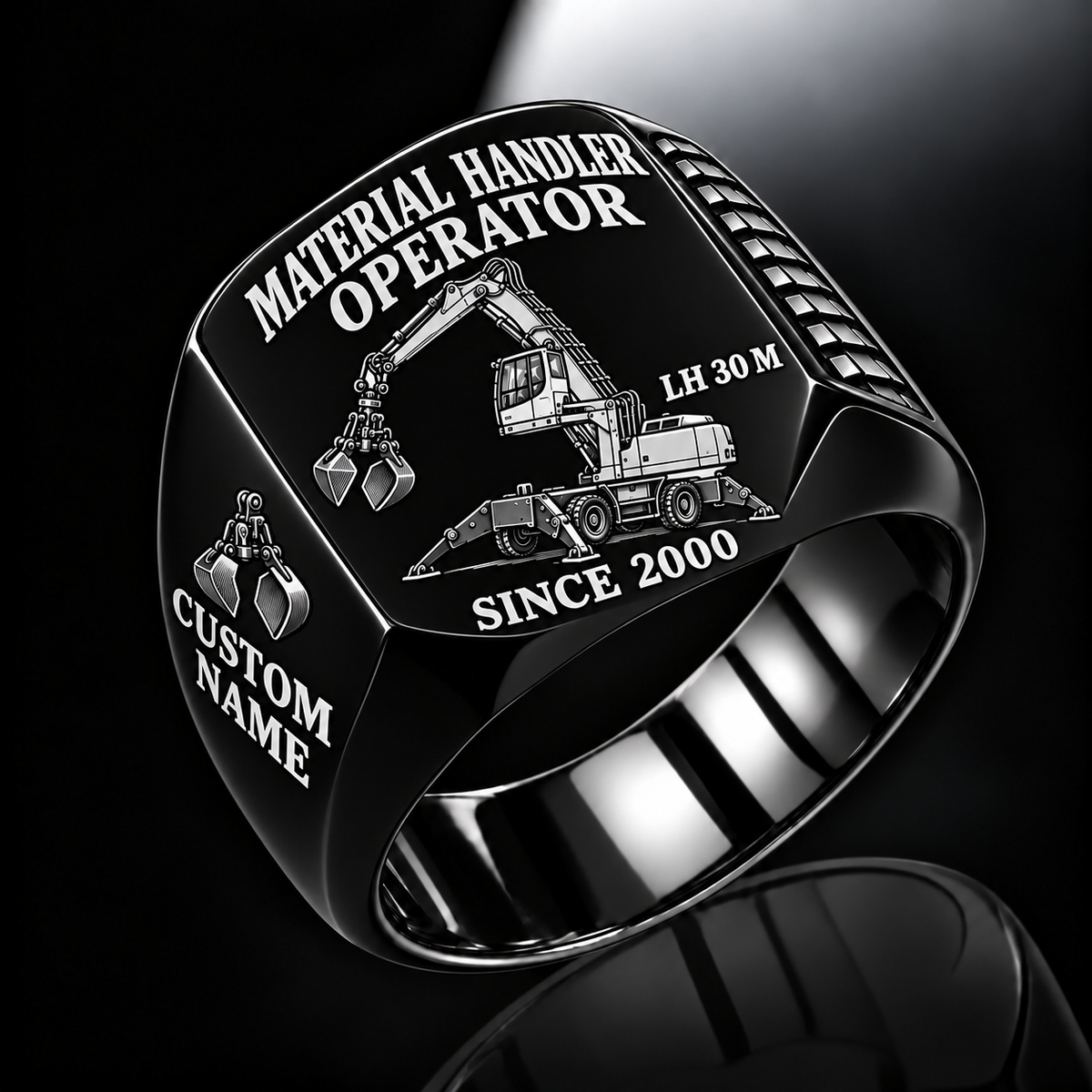 Black personalized LH 30 M material handler operator signet ring with original unbranded machinery, CUSTOM NAME and SINCE 2000.