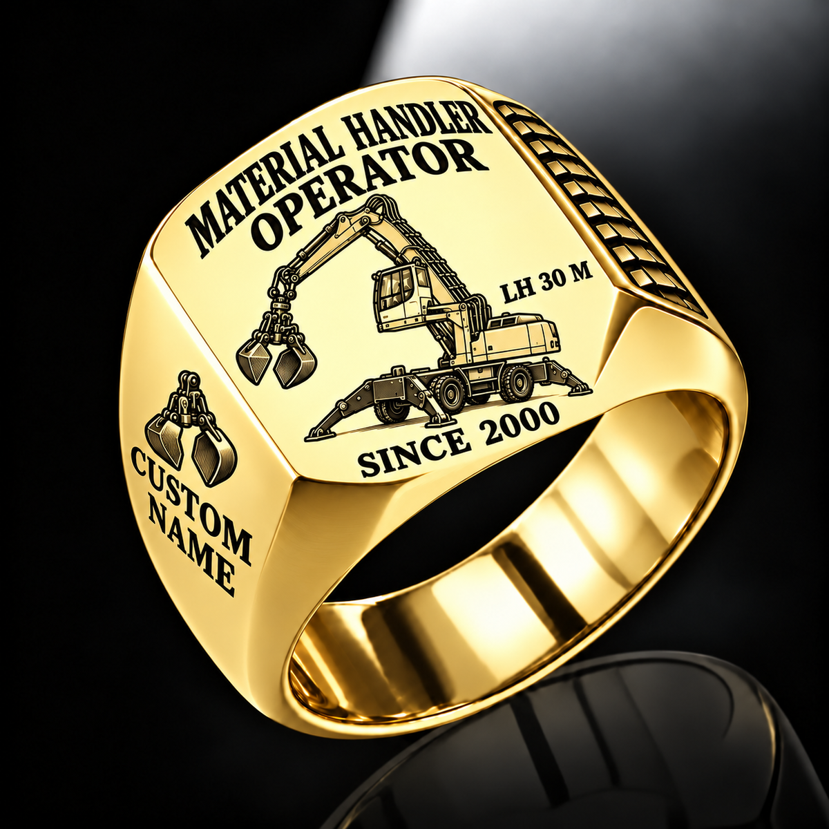 Gold personalized LH 30 M material handler operator signet ring with original unbranded machinery, CUSTOM NAME and SINCE 2000.