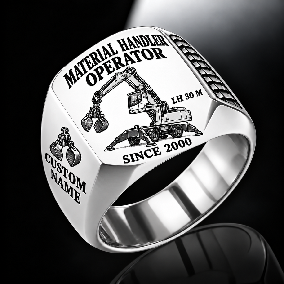Silver personalized LH 30 M material handler operator signet ring with original unbranded machinery, CUSTOM NAME and SINCE 2000.