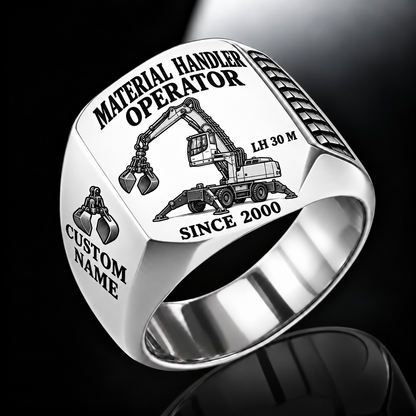 Silver personalized LH 30 M material handler operator signet ring with original unbranded machinery, CUSTOM NAME and SINCE 2000.
