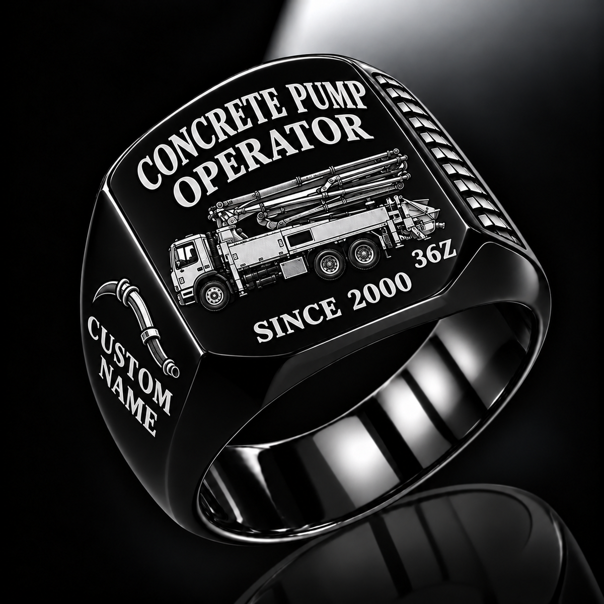 Black personalized 36Z concrete pump operator signet ring with original unbranded machinery, CUSTOM NAME and SINCE 2000.
