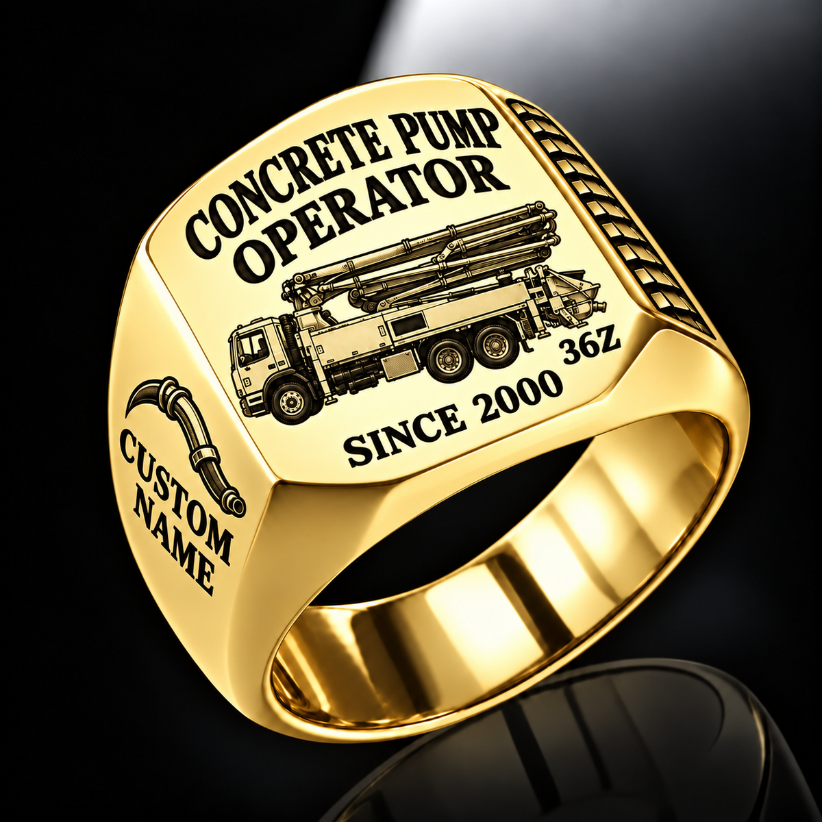 Gold personalized 36Z concrete pump operator signet ring with original unbranded machinery, CUSTOM NAME and SINCE 2000.