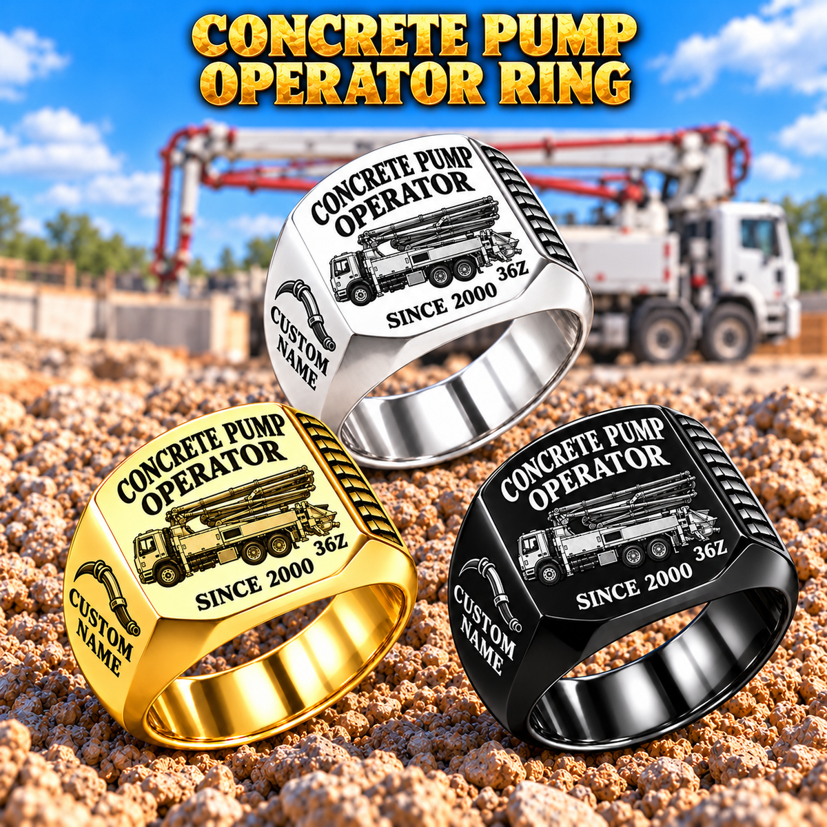 Hero personalized 36Z concrete pump operator signet ring with original unbranded machinery, CUSTOM NAME and SINCE 2000.