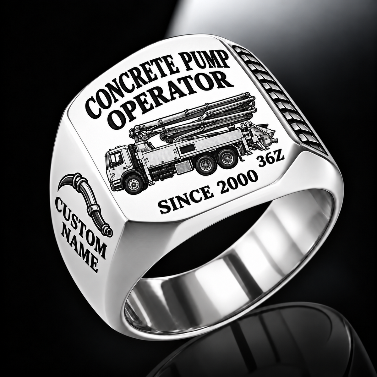 Silver personalized 36Z concrete pump operator signet ring with original unbranded machinery, CUSTOM NAME and SINCE 2000.