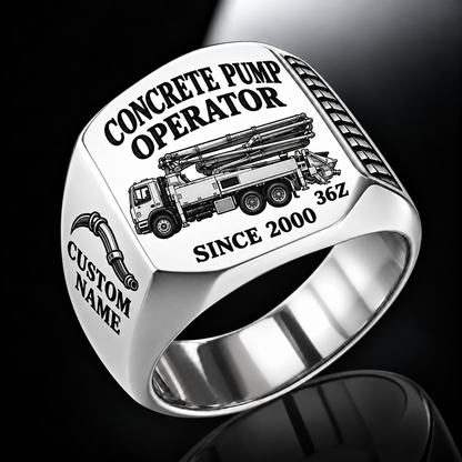 Silver personalized 36Z concrete pump operator signet ring with original unbranded machinery, CUSTOM NAME and SINCE 2000.