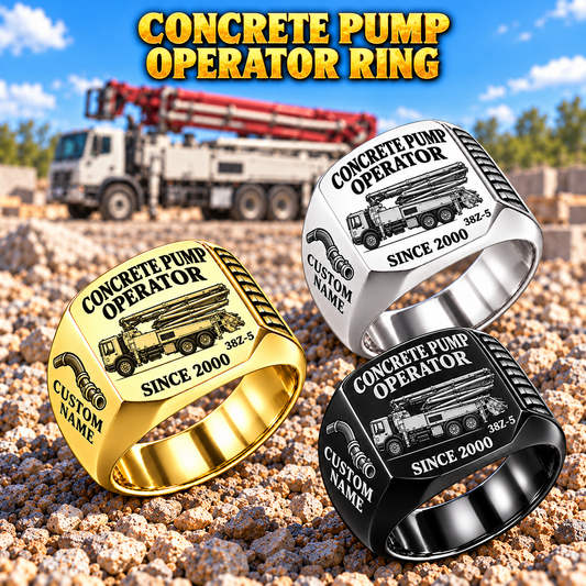 Hero personalized 38Z-5 concrete pump operator signet ring with original unbranded machinery, CUSTOM NAME and SINCE 2000.