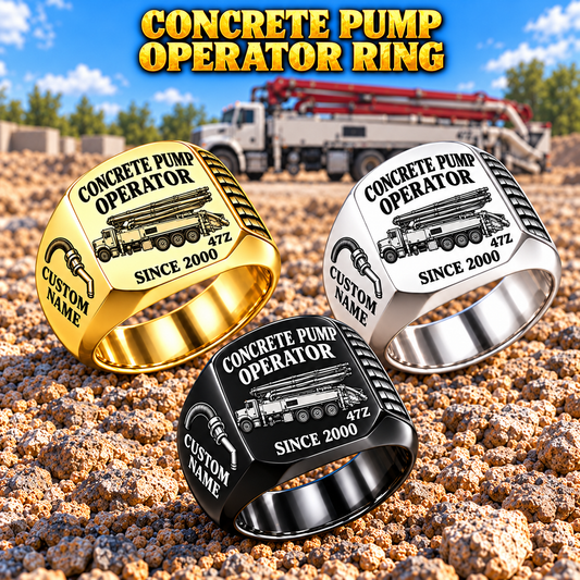 Hero personalized 47Z concrete pump operator signet ring with original unbranded machinery, CUSTOM NAME and SINCE 2000.