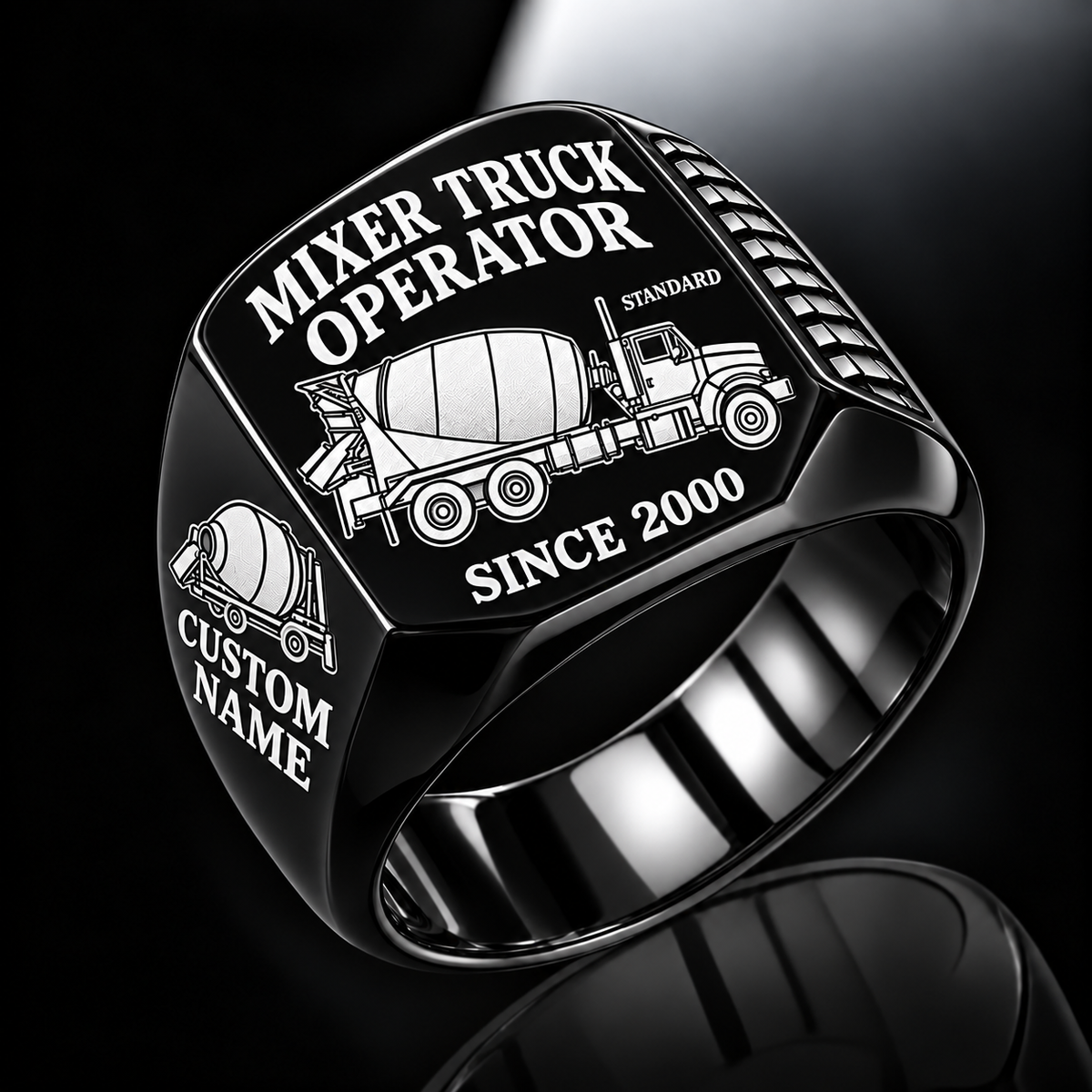 Black personalized STANDARD concrete mixer operator signet ring with original unbranded machinery, CUSTOM NAME and SINCE 2000.