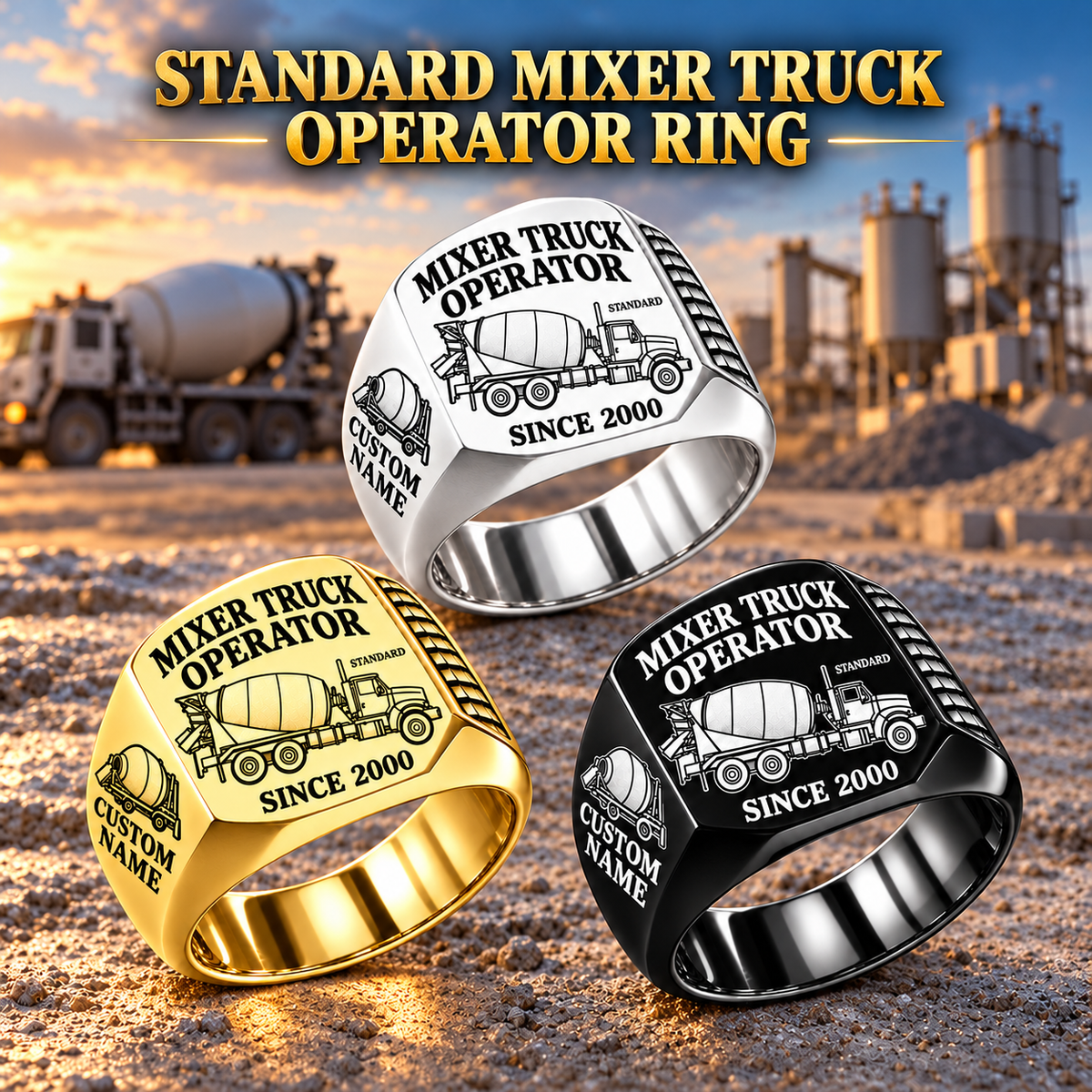 Hero personalized STANDARD concrete mixer operator signet ring with original unbranded machinery, CUSTOM NAME and SINCE 2000.