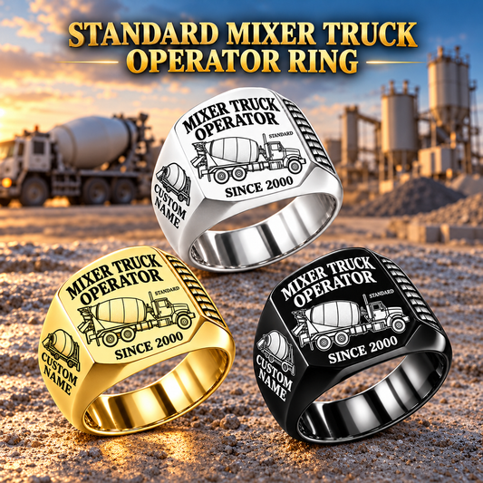 Hero personalized STANDARD concrete mixer operator signet ring with original unbranded machinery, CUSTOM NAME and SINCE 2000.