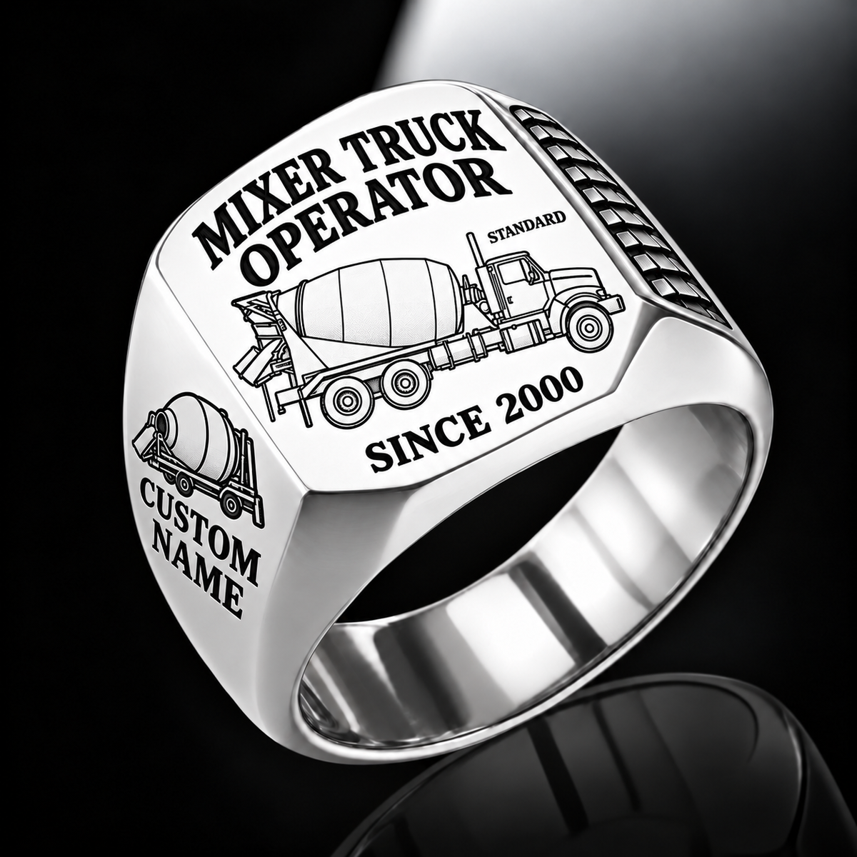Silver personalized STANDARD concrete mixer operator signet ring with original unbranded machinery, CUSTOM NAME and SINCE 2000.