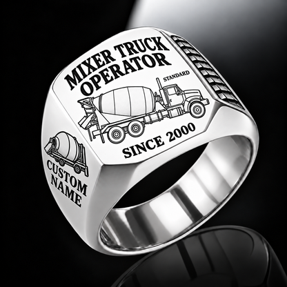 Silver personalized STANDARD concrete mixer operator signet ring with original unbranded machinery, CUSTOM NAME and SINCE 2000.