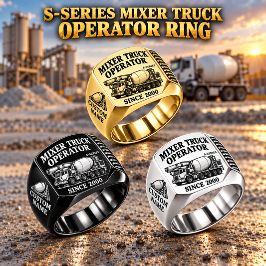 Hero personalized S-SERIES concrete mixer operator signet ring with original unbranded machinery, CUSTOM NAME and SINCE 2000.