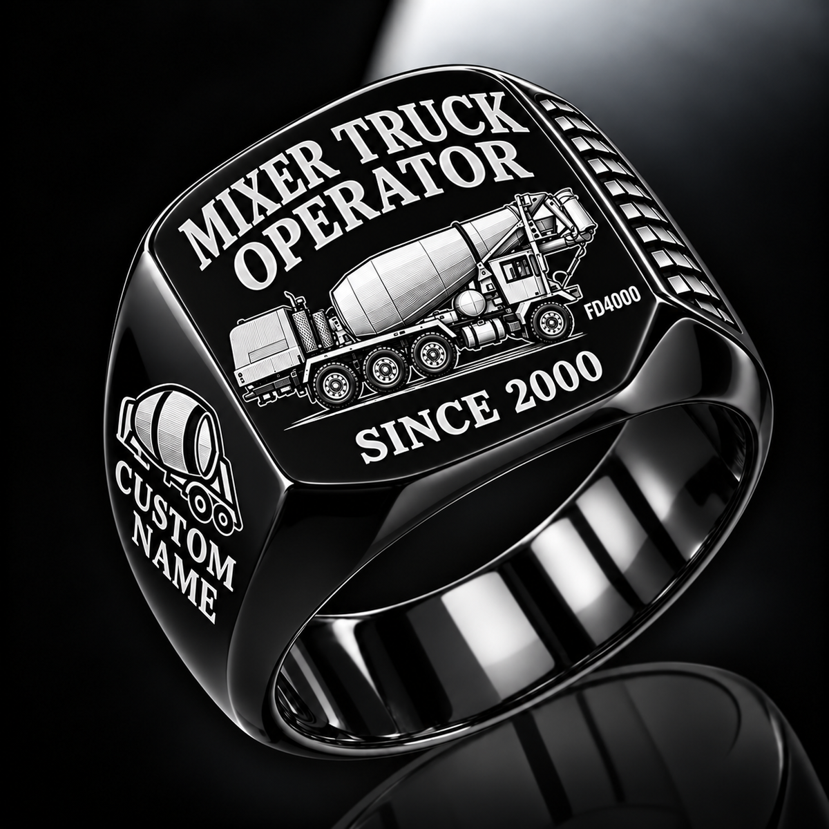Black personalized FD4000 concrete mixer operator signet ring with original unbranded machinery, CUSTOM NAME and SINCE 2000.