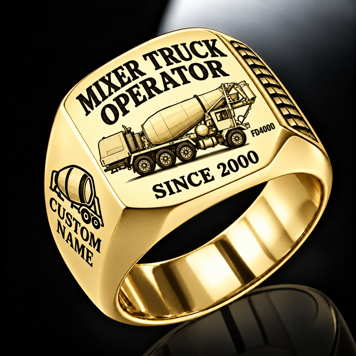 Gold personalized FD4000 concrete mixer operator signet ring with original unbranded machinery, CUSTOM NAME and SINCE 2000.