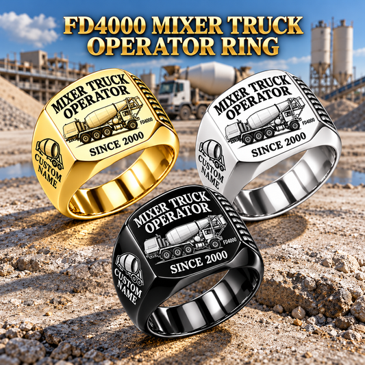 Hero personalized FD4000 concrete mixer operator signet ring with original unbranded machinery, CUSTOM NAME and SINCE 2000.