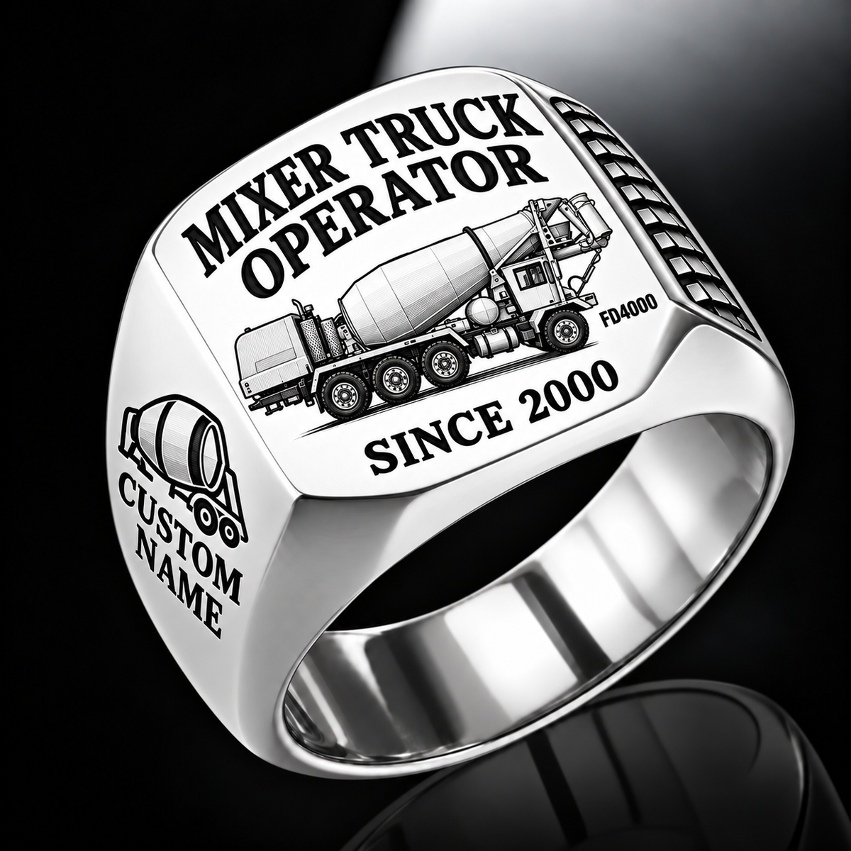 Silver personalized FD4000 concrete mixer operator signet ring with original unbranded machinery, CUSTOM NAME and SINCE 2000.