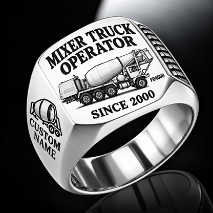 Silver personalized FD4000 concrete mixer operator signet ring with original unbranded machinery, CUSTOM NAME and SINCE 2000.