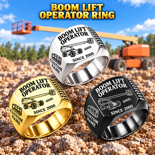 Hero personalized 600S boom scissor lift operator signet ring with original unbranded machinery, CUSTOM NAME and SINCE 2000.