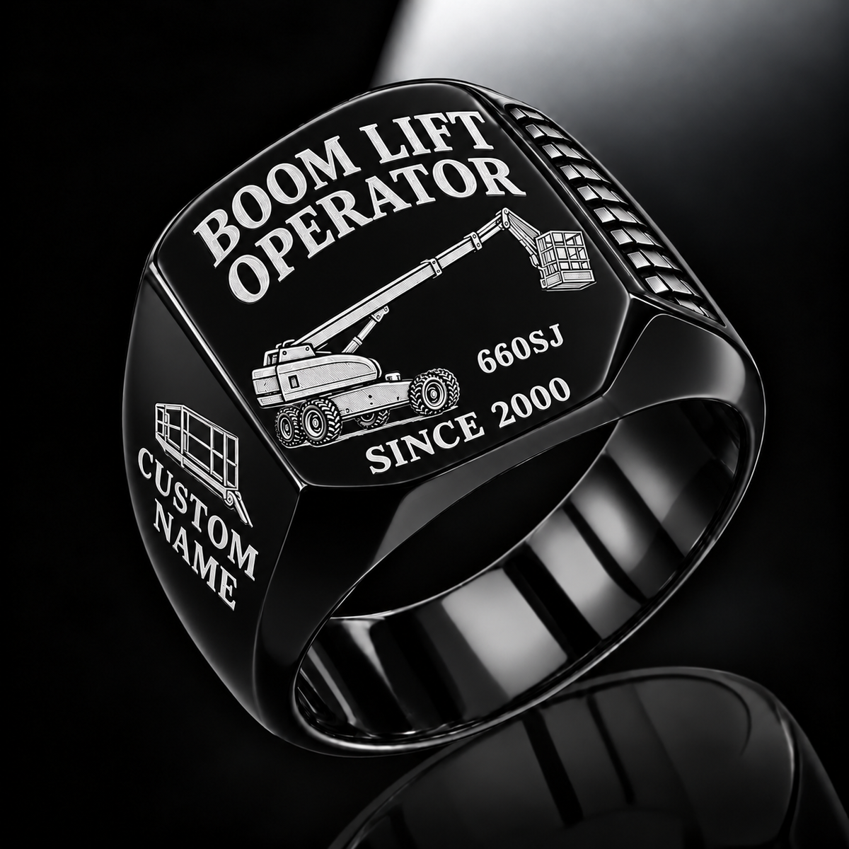 Black personalized 660SJ boom scissor lift operator signet ring with original unbranded machinery, CUSTOM NAME and SINCE 2000.